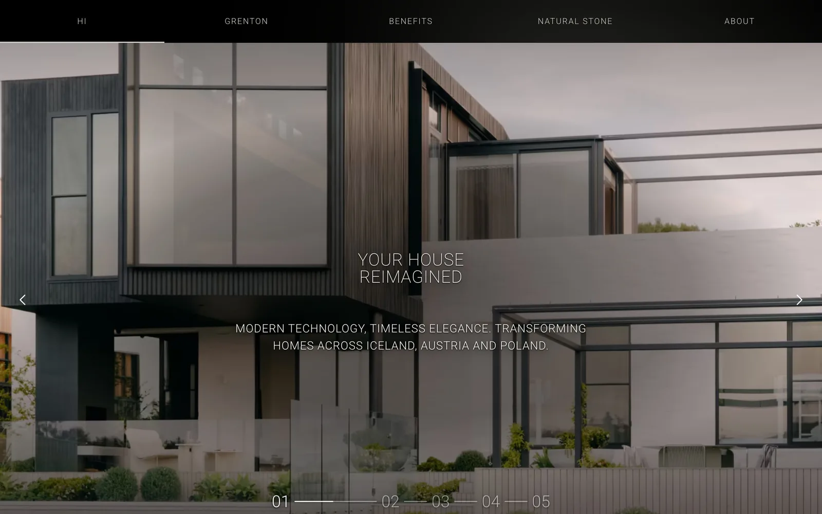 Arogant Spaces website Hero gallery with modern minimalist and responsive design, modern luxury house in the background
